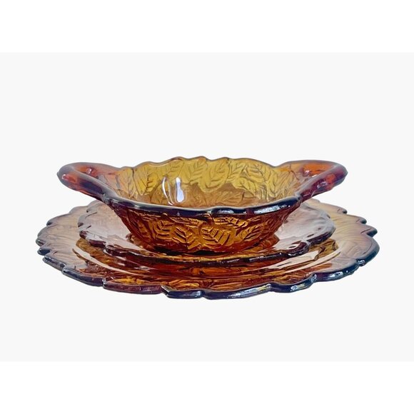 Vintage 70s Tiara Glass Dark Amber Burnt Honey Sweet Pear Bowls Dishes set of 4 - Picture 6 of 9